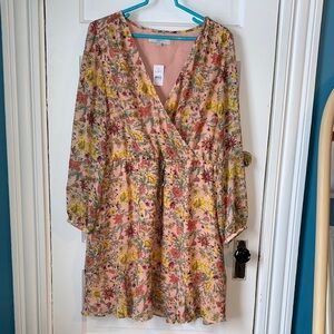 LOFT Pink and Yellow Floral Long Sleeve Dress